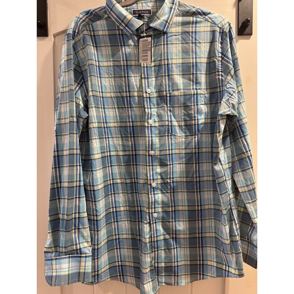Men's Button Up Club Room Nylon Wicking Performance Stretch  Large Blue Plaid